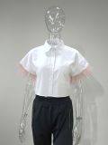 Breasted Feather Sleeve Cropped Top Lapel Short Sleeve White Shirt