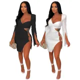Plus Size Fashion Shoulder Pads Long Sleeves Tight Irregular Slit Dress Nightclub Dress