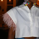 Breasted Feather Sleeve Cropped Top Lapel Short Sleeve White Shirt