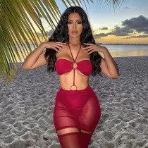Plus size women's beach dress halter neck see-through mesh skirt