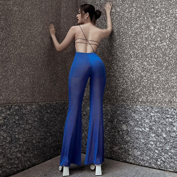 One-shoulder open-back jumpsuit sexy temperament wide-leg pants