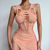 Striped Personality Burnt Vest Dress Sexy Women's Tight Sling Dress
