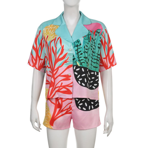 Women's vacation style coral color printed lapel shirt T-shirt top shorts two-piece set T23661