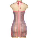Fashion halter neck open back mesh print sexy slim hip dress