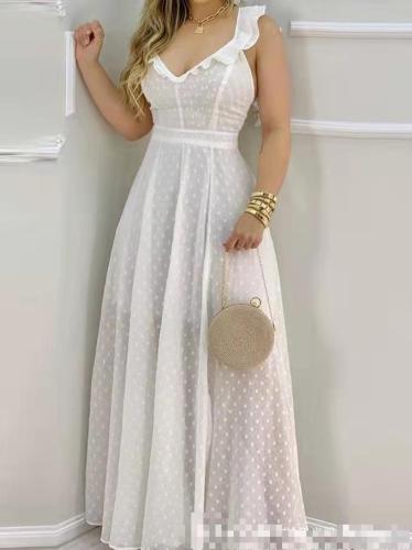 Long lace-up V-neck large swing solid color dress