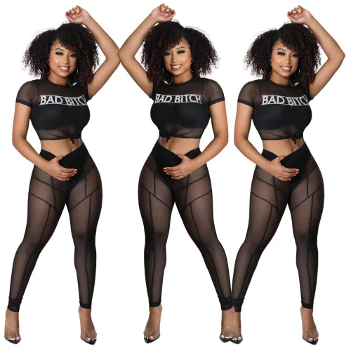 Fashion Letter Print Stretch Slim Pants Mesh Two-Piece Set