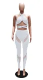 Sexy Hollow Halter Cross Solid Color Mesh Splicing Perspective Two-piece Set