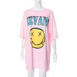 Loose Letter Print Athleisure Smiley Short Sleeves