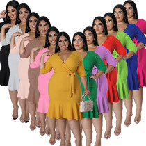 Plus Size Women's Summer New V-Neck Round Tailor Sleeve Dress