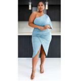 Sexy irregular skirt solid color plus fat increase women's mid-length plus size dress