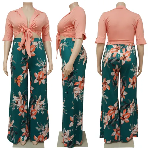 Plus Size Solid Color Top Tie Print Pants Two Piece Set
