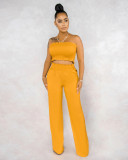 Solid color sexy pleated wrap chest pocket loose wide leg pants casual two-piece set