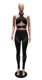 Sexy Hollow Halter Cross Solid Color Mesh Splicing Perspective Two-piece Set