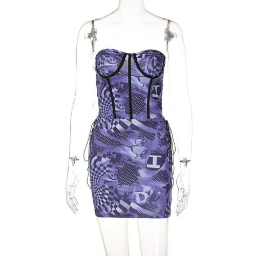 Sleeveless Fashion Checkerboard Print Sexy Wrap Chest Slim Bag Hip Drawstring Short Suit