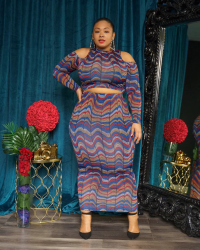 Plus size women's printed straight woolen off-the-shoulder long-sleeved hip-length dress two-piece set