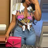Casual Women's Street Trend Printed Tassel Slit Short Sleeve Knotted T-Shirt Top