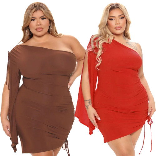 Plus Size One Shoulder Drawstring Party Dress