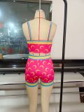 Fashion Women's Suit Contrast Color Moon Print Sexy Navel Sling Top + Shorts