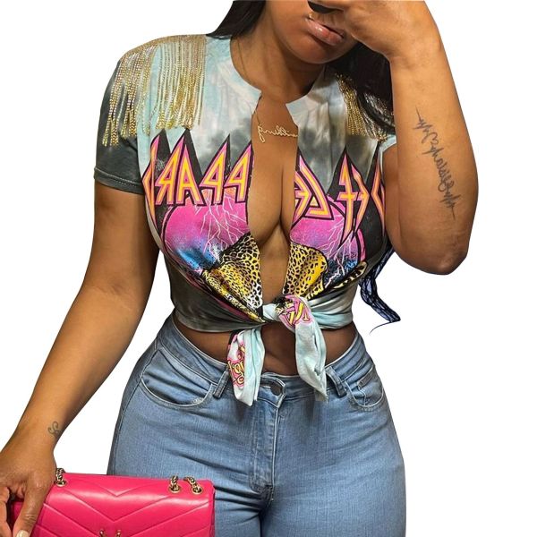 Casual Women's Street Trend Printed Tassel Slit Short Sleeve Knotted T-Shirt Top
