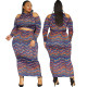 Plus size women's printed straight woolen off-the-shoulder long-sleeved hip-length dress two-piece set