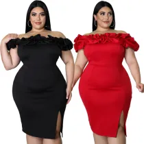 Large size fashion party party one word neck dress temperament commuter solid color dress