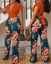 Plus Size Women's Suit Printed Short Sleeve Trousers Two Piece Set