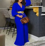 V-neck sexy lace-up pleated wide-leg jumpsuit