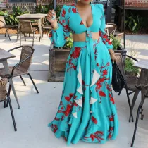 Fashion Sexy Print Lace-Up Top Skirt Two Piece Set