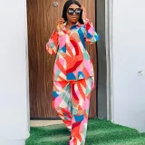 Plus Size Women's Two Piece Printed Loose Shirt Pants Set