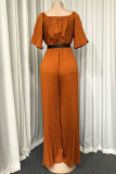 Sexy word neck mid-sleeve wrinkled wide-leg jumpsuit