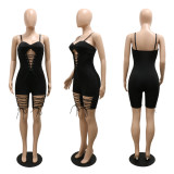 Fashion sexy suspenders straps hollowed out tight slim jumpsuit