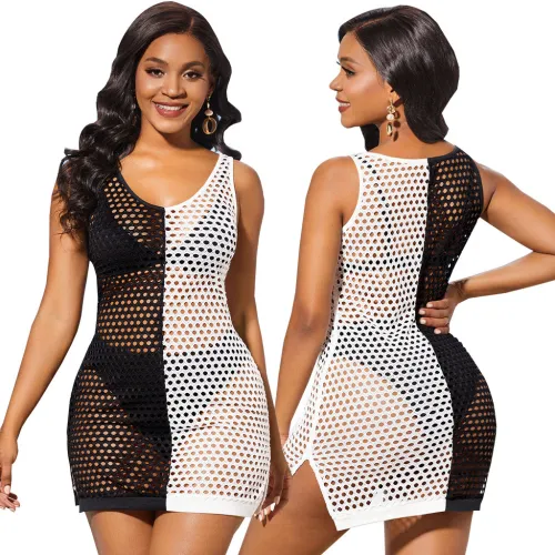 Sexy Fashion Stretch Black and White Mesh Women's Beach Dress