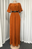 Sexy word neck mid-sleeve wrinkled wide-leg jumpsuit