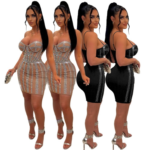 Sling mesh hot drill nightclub perspective sexy dress