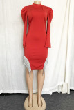 Solid Color Fringe Slim Fit Women's Dress