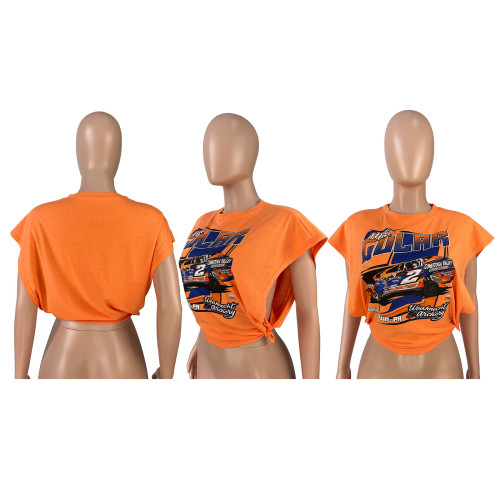 Cool Racing Print Sleeveless Side Cutout T-Shirt Top