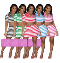 Striped Stand Collar Short Sleeve Skirt Suit Casual Elastic OL Commuter Skirt Two Piece Set