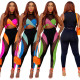 Perspective Women's Contrast Color Patchwork Mesh Sleeveless Pants Suit Sexy Casual Sportswear