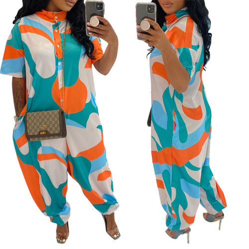 Women's Loose Statement Print Stand Collar Jumpsuit with Pockets