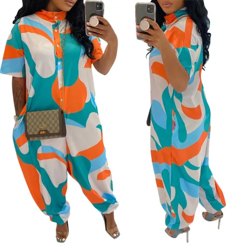 Women's Loose Statement Print Stand Collar Jumpsuit with Pockets
