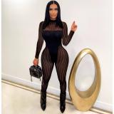 Mesh Striped Panel Sexy Sheer Jumpsuit