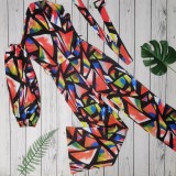Fashion Irregular Diagonal Neck Print Jumpsuit (with Belt)