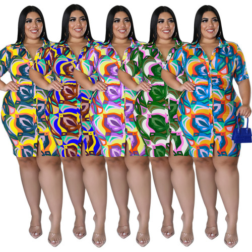 Plus Size Printed Short Sleeve Long Shirt