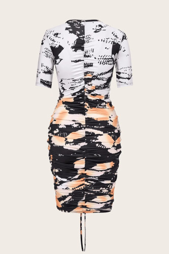 Fashion V-neck slim short-sleeved dress Printed hip skirt