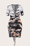 Fashion V-neck slim short-sleeved dress Printed hip skirt