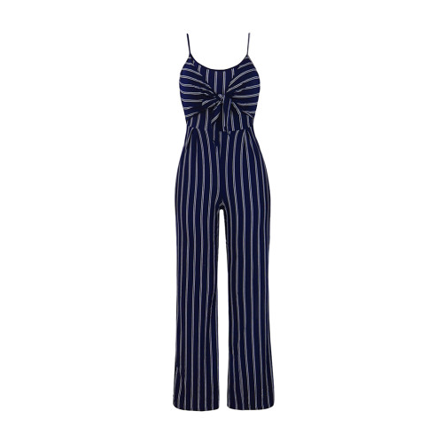 Slim-fit striped suspender bow jumpsuit