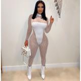 Mesh Striped Panel Sexy Sheer Jumpsuit