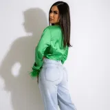 Cutout Lace-up Silky Fur Long Sleeve Blouse Sexy T-Shirt