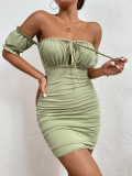 Sexy Wrap Breast Dress One-Line Neck Tie Pleated Hip Skirt