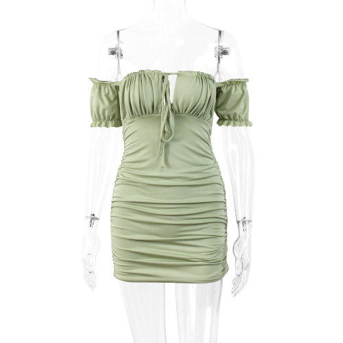 Sexy Wrap Breast Dress One-Line Neck Tie Pleated Hip Skirt